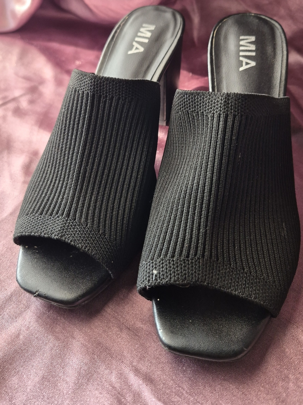MIA Black Ribbed Knit Open Toe Sandals Chunky Block Heel Slides SIZE 7.5
